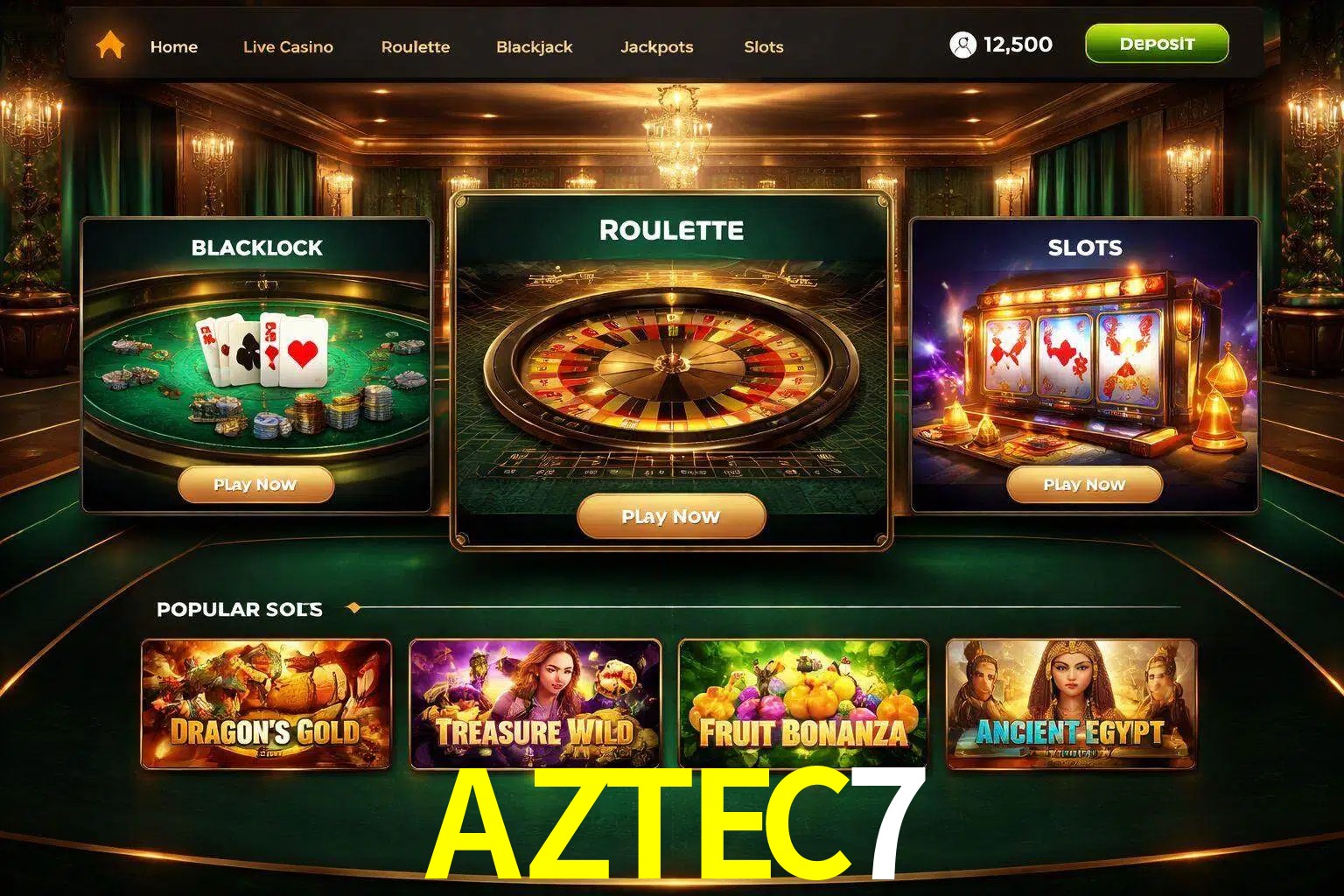 Vista de la plataforma AZTEC7 Casino mostrando categorías organizadas de juegos en línea