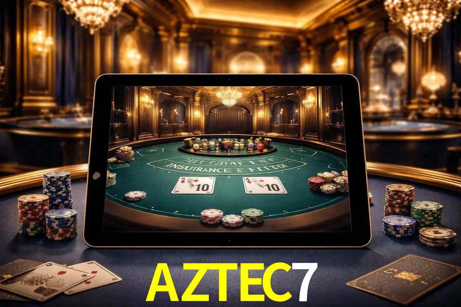 Configuración moderna de casino en vivo con una tableta mostrando una mesa de blackjack, luces cálidas de estudio y una atmósfera elegante de juegos digitales.